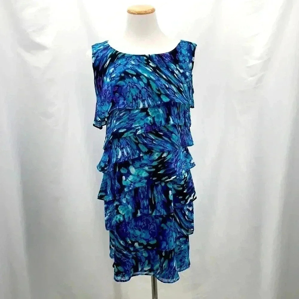 Connected Apparel Blue Abstract Tiered Ruffle Shift Dress Petite 12P
